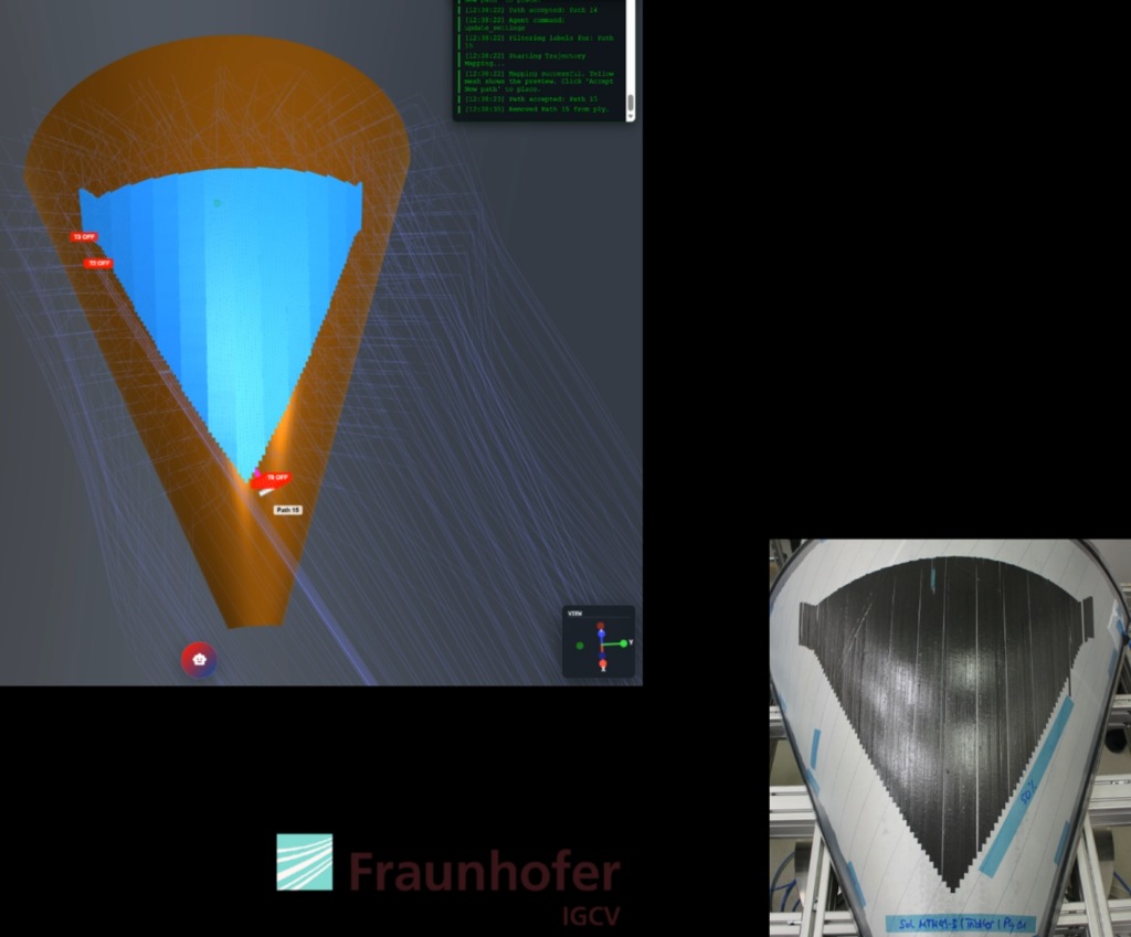 AFP Web kinematic simulation of a conical funnel next to the manufactured part at Fraunhofer IGCV