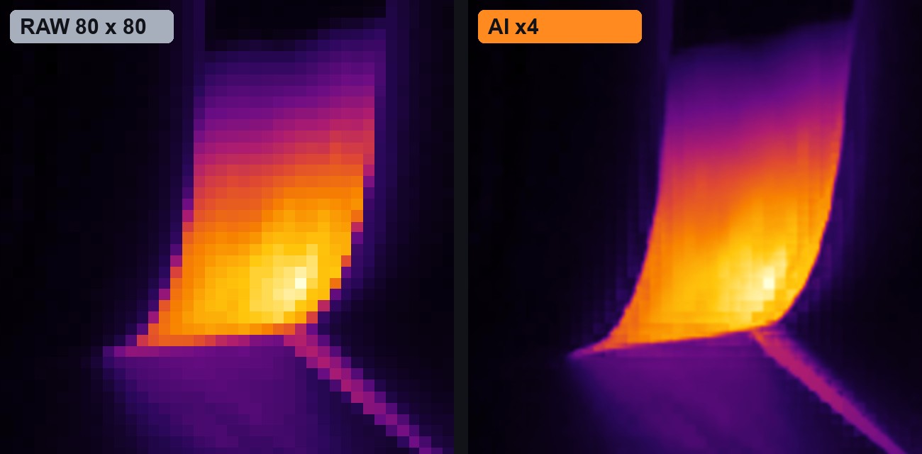 Raw 80 by 80 thermal image next to the AI-enhanced version of the same frame
