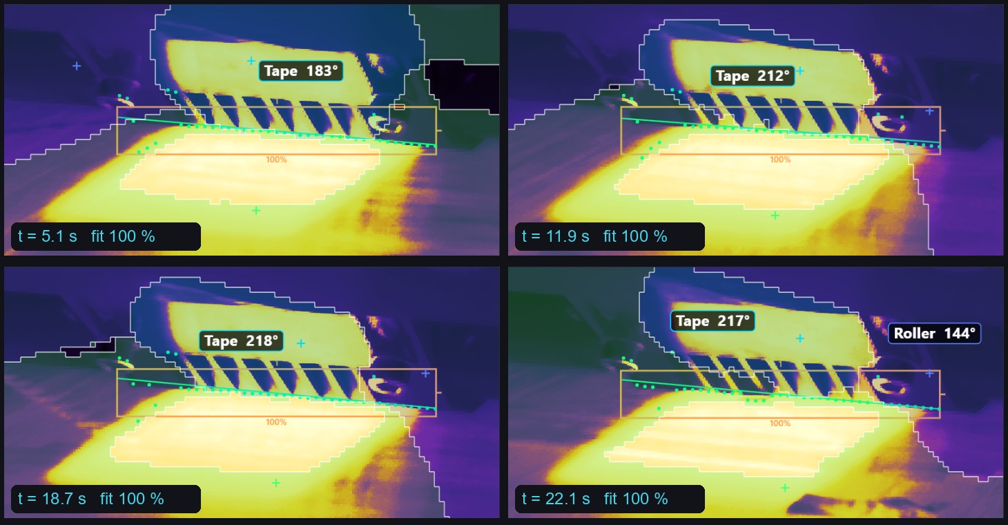 Four IR camera frames over time with the nip line tracked in each