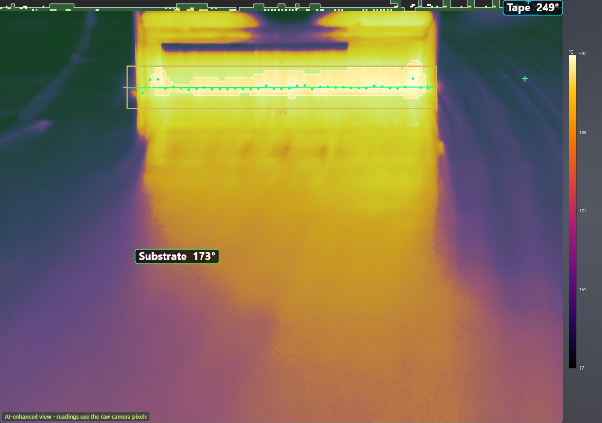 IR camera frame of a wide multi-tow AFP nip with the fitted nip line