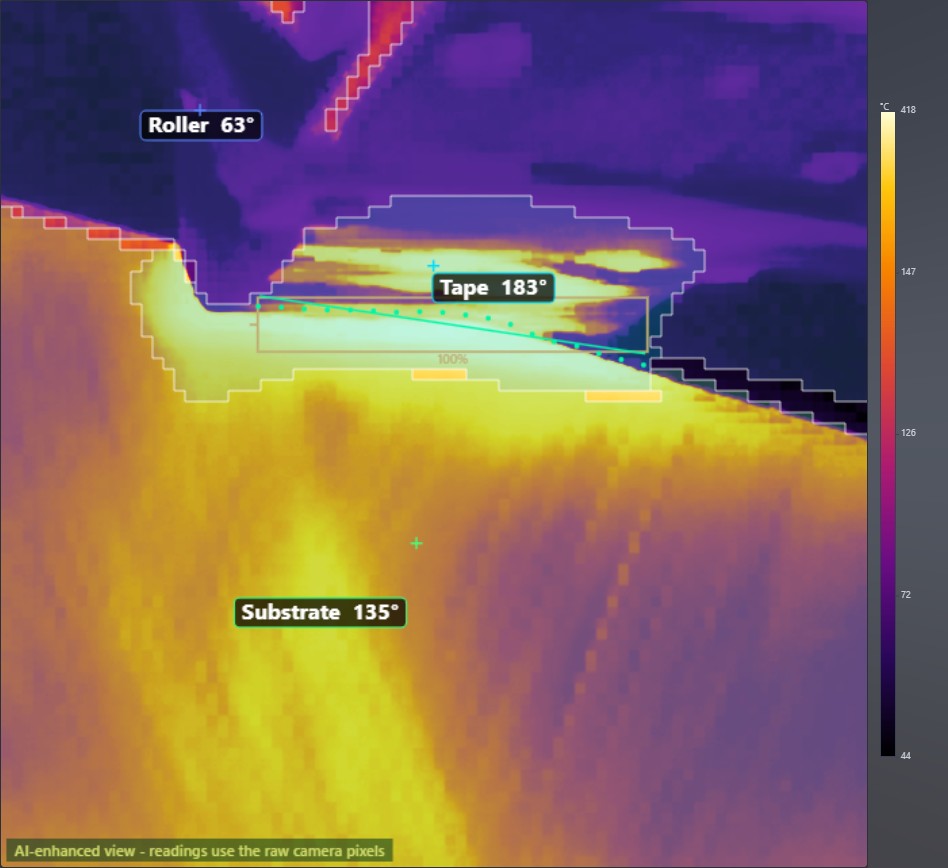 Rotated IR camera frame of an AFP head with tape and substrate regions and the nip line
