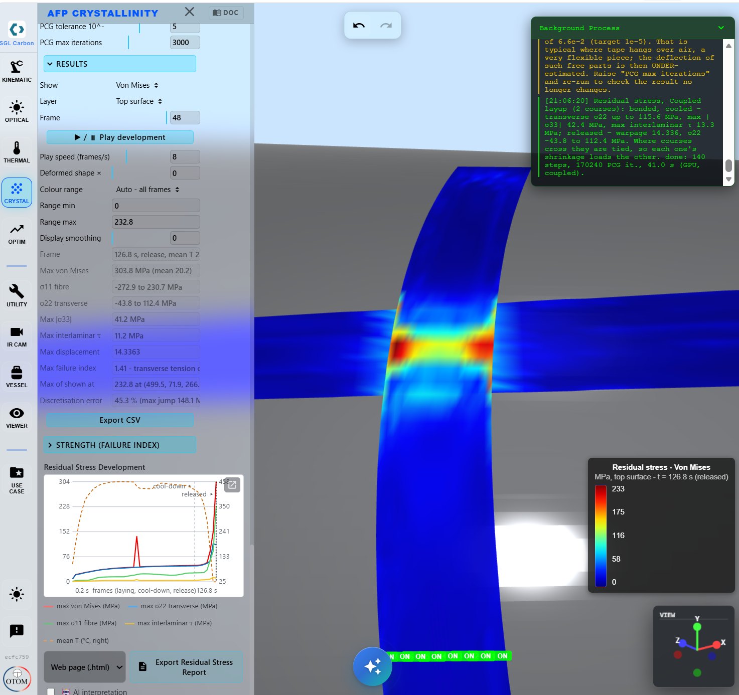 OTOM AFP Web residual stress module: von Mises stress on two crossing courses after release from the tool, with the residual stress development chart