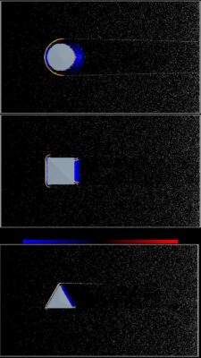 Supersonic Mach 2 flow around a sphere, rectangle and triangle in OTOM CFD