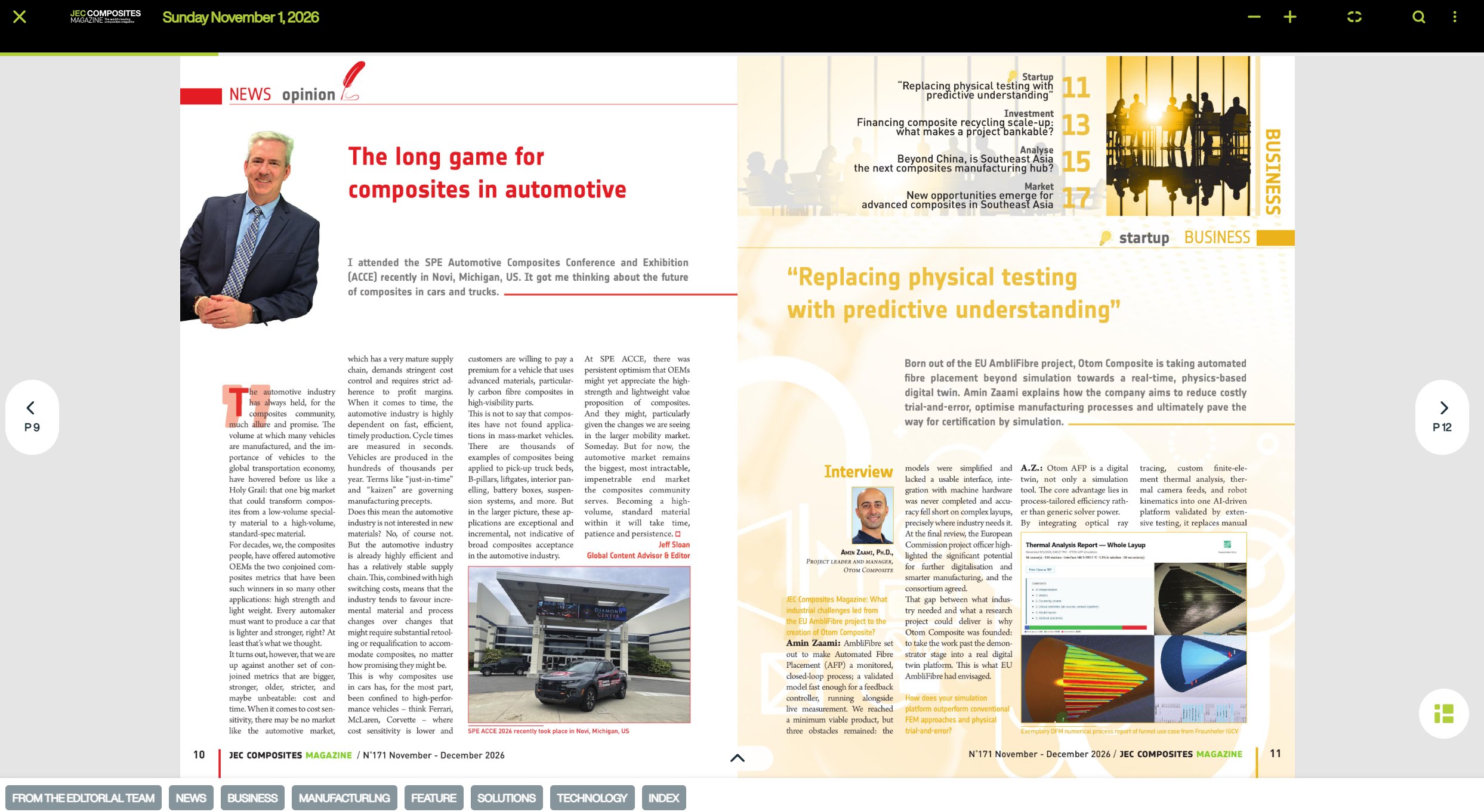 JEC Composites Magazine N°171 spread with the startup interview of Amin Zaami, OTOMcomposite