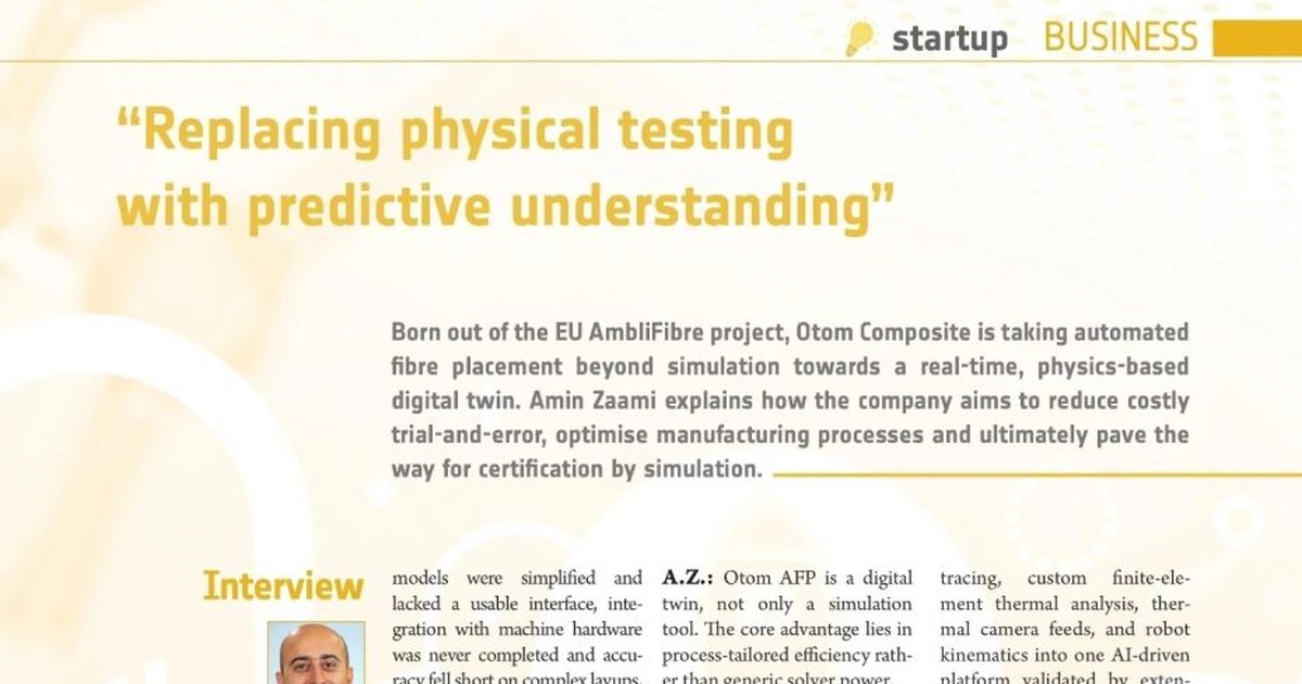 JEC Composites Magazine N°171 startup interview with Amin Zaami of OTOMcomposite: Replacing physical testing with predictive understanding